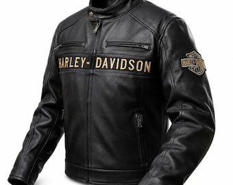 May include: A black leather jacket featuring a stand-up collar with a snap button, a full-length front zipper, and two chest zipper pockets. The text HARLEY-DAVIDSON is embroidered in gold across the chest, with a matching logo patch on the sleeve.