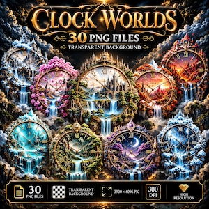 Può includere: Una collezione digitale di 30 file PNG intitolata CLOCK WORLDS, che presenta quadranti circolari integrati in paesaggi fantastici, cascate e castelli. Le immagini includono temi stagionali, elementi celesti e numeri romani.