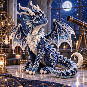 May include: A handcrafted crochet dragon figurine in shades of deep blue and white. The creature features intricate lace-like wings, a long tail, and decorative silver-toned charms shaped like crescent moons and stars attached to its body and wings.