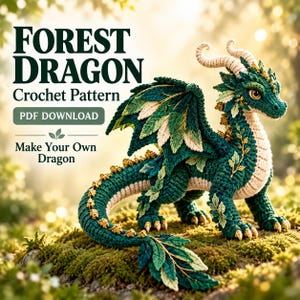 Op de afbeelding: Een gehaakt bosdraak-speeltje van donkergroen en crèmekleurig garen met bladvormige vleugels en gouden accenten. De tekst luidt: FOREST DRAGON Crochet Pattern, PDF DOWNLOAD, Make Your Own Dragon. De draak heeft gebogen hoorns en een lange staart.