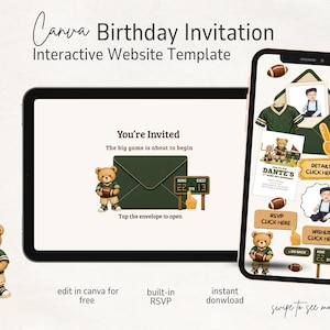May include: A digital birthday invitation template for Canva displayed on a tablet and smartphone. The design features a football theme with a teddy bear, a green envelope, and a scoreboard. Text includes You're Invited, The big game is about to begin, Tap the envelope to open, Details, RSVP, and Wishlist.