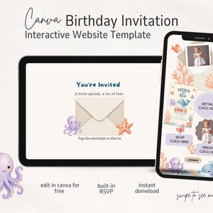 Op de afbeelding: Een digitale verjaardagsuitnodigingssjabloon weergegeven op een tablet en smartphone, met een onderwaterthema met illustraties van een octopus, zeester en koraal. Het scherm toont tekst waaronder You're Invited, Oneder the Sea en Emma's.