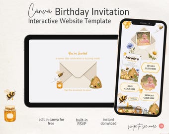 Bee Day First Birthday Website Invitation Template, Editable Canva Honey Bee Invite with RSVP