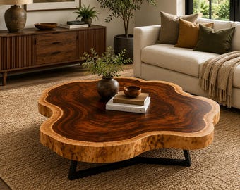 Mesa de centro de nogal natural - Mesa de centro redonda de madera con borde natural - Decoración para el hogar - Centro de mesa artesanal de madera recuperada estilo granja - Extremo lateral