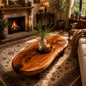 May include: A low, oval-shaped coffee table crafted from a single piece of natural wood with a visible grain pattern and smooth, rounded edges. The table features short, sturdy legs and supports a clear glass vase with greenery and a candle.