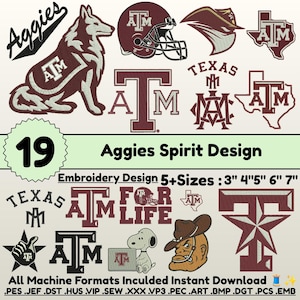 May include: A collection of 19 Aggies spirit embroidery designs in maroon and white. The graphics include the ATM logo, a mascot, a football helmet, the state of Texas, and text reading Aggies, Texas, and For Life in various sizes from 3 to 7 inches.