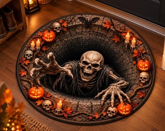 Halloween 3D Skeleton Optical Illusion Round Doormat, Spooky Skeleton Floor Mat,Spooky Gothic Floor Decor, Halloween Gift, Fall Home Decor
