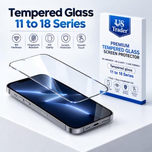 May include: A clear tempered glass screen protector for the 11 to 18 series positioned above a smartphone. The white product packaging displays the US Trader logo, text stating Premium Tempered Glass Screen Protector, and icons for 9H hardness, fingerprint resistance, HD clarity, scratch protection, and smooth touch.