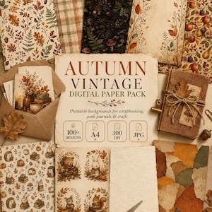 Peut inclure: Un pack de papier numérique avec des motifs sur le thème de l'automne, incluant des feuilles, des animaux de la forêt et des fruits. La collection comprend une feuille centrale intitulée AUTUMN VINTAGE DIGITAL PAPER PACK, format A4, 300 DPI.
