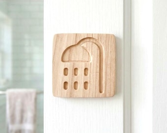 Pictograma de madera maciza tallada para cuarto de ducha | Letrero para hotel, restaurante, casa de huéspedes, Airbnb | Placa con relieve para ducha