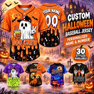 May include: A custom Halloween baseball jersey featuring a ghost graphic, orange and black color scheme, and text including BOO CREW, YOUR NAME, and 00. The design includes melting drip patterns, skulls, bones, and bats on a button-down shirt.