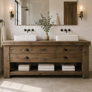 Puede incluir: Un mueble de baño doble hecho de madera marrón desgastada con dos lavabos rectangulares blancos, cuatro tiradores de cajón negros y un estante inferior abierto con tres pilas de toallas blancas dobladas, coronado por un gran espejo rectangular.