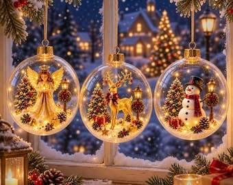 Decorazione natalizia a forma di globo illuminato, con Babbo Natale, pupazzo di neve, angelo, renna e trenino, luci LED a LED per l'albero di Natale, regalo per le feste.