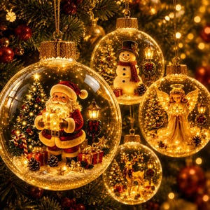 May include: Four clear glass spherical ornaments hanging on a tree. One contains a Santa Claus with a gift, another a snowman, one an angel with wings, and the smallest a reindeer. Each ornament is illuminated with warm internal fairy lights.