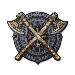 May include: A circular embroidered patch featuring two crossed axes with gold and silver detailing layered over a black shield. The shield displays a central Vegvisir symbol surrounded by intricate grey and black knotwork patterns.