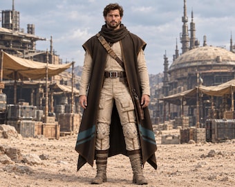 May include: A person wearing a long, dark brown sleeveless cloak with a high collar, layered over a beige long-sleeved shirt and matching cargo pants with reinforced knee patches. A brown utility belt and a diagonal strap are worn over the outfit.