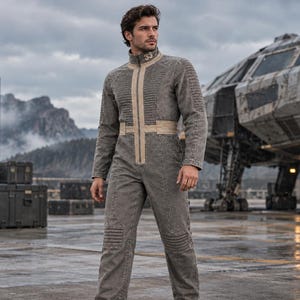 May include: A gray long-sleeved jumpsuit featuring a high collar with the number 33 printed on it, a central vertical zipper, a tan waist panel, and ribbed detailing on the shoulders and knees, constructed from a textured fabric.