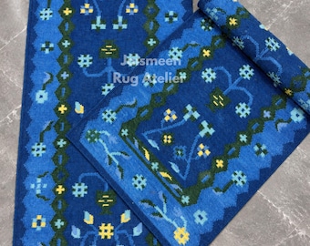 Blue Floral Durry Rug, Handwoven Wool Rug, Vintage Botanical Rug, Cottagecore Home Decor