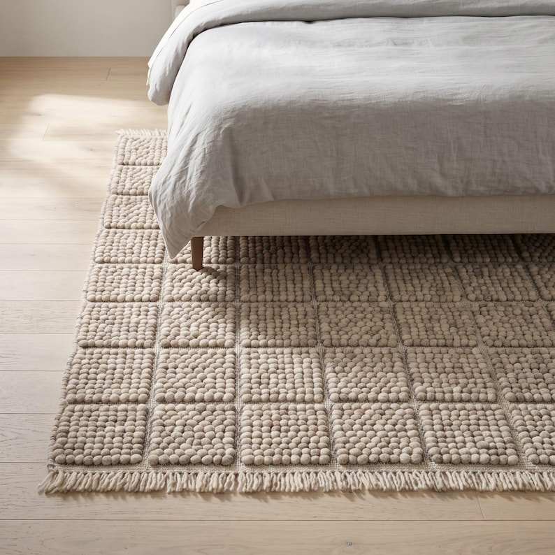 Cream Textured Handmade , Neutral Geometric Area, Modern Minimalist Rug ...