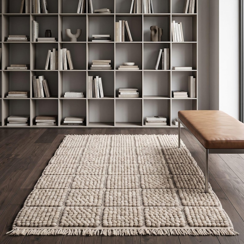 Cream Textured Handmade , Neutral Geometric Area, Modern Minimalist Rug ...
