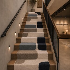 Tapis d'escalier géométrique abstrait moderne, blocs de couleurs neutres (dimensions personnalisées)