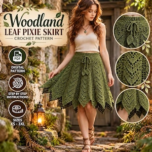 May include: A digital crochet pattern for a green leaf-shaped pixie skirt. The text reads Woodland Leaf Pixie Skirt Crochet Pattern, Digital Pattern, Step by Step Instructions, and Sizes XS-3XL. Includes circular detail images.