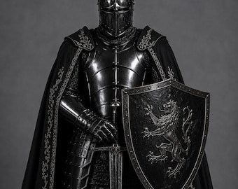 May include: A full suit of polished black metal plate armor featuring a closed helmet, chainmail neck protection, and gauntlets. A long black cape with silver lion embroidery hangs from the shoulders. A large shield with a lion emblem and a long sword are held.