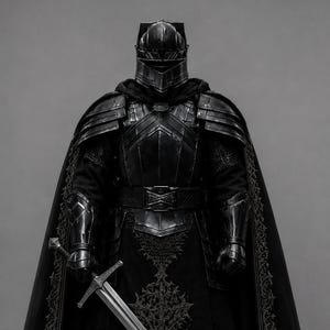以下が含まれることがあります： 閉じたヘルメット、分割されたショルダーアーマー、ガントレットを備えた黒いプレートアーマーのフルセット。複雑な暗い刺繍が施された長い黒いマントが肩から下がっています。銀色のロングソードを右手に持っています。