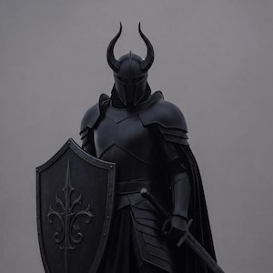 Puede incluir: Una armadura completa de color negro mate que incluye un casco con cuernos, una capa larga y fluida, y un escudo puntiagudo con un diseño de flor de lis en relieve. La armadura presenta placas articuladas en hombros, brazos y piernas, con espada.