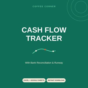 May include: A dark green digital template titled COFFEE CORNER CASH FLOW TRACKER with a small wave graphic featuring three dots. Below the graphic, the text reads With Bank Reconciliation & Runway. Two white buttons at the bottom say EXCEL + GOOGLE SHEETS and INSTANT DOWNLOAD.