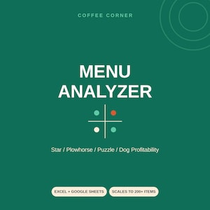 Analysetool voor restaurantmenu's | Kostenregistratie voor Star/Plowhorse/Puzzle/Dog Food (Excel/Google Sheets)