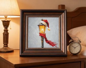 Hand Painted Christmas Lantern Oil Painting, Snowy Winter Street Lamp Wall Art, Warm Festive Christmas Home Decor Art, Santa Hat Lantern Art