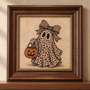Original handmålad Halloween-konst, spökoljemålning, söt Halloween-spökkonst, vintage läskig höstväggkonst, spökflicka med rosett