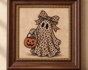 Opera d'arte originale dipinta a mano per Halloween, dipinto ad olio di un fantasma, simpatico fantasma di Halloween, arte murale autunnale vintage spettrale, ragazza fantasma con fiocco
