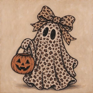 Origineel handgeschilderd Halloween-kunstwerk, spookschilderij in olieverf, schattige Halloween-spookkunst, vintage griezelige herfstmuurdecoratie, spookmeisje met strik