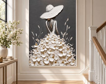 Vertical Impasto Oil Painting, Lady with Wide Hat White Floral Dress, Elegant Woman Floral Dress CanvasPrint, Textured Figure Wall Art