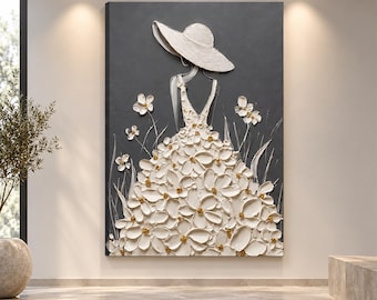 Large Vertical Oil Painting, Textured Lady Silhouette White Floral Gown, Impasto Wall Art,Floral Flower Woman Picture,Floral Woman Art Large