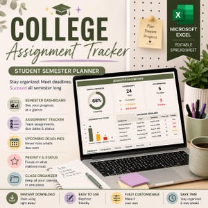 Könnte beinhalten: Eine digitale Tabellenkalkulation zur Verfolgung von College-Aufgaben auf einem Laptop-Bildschirm. Die Benutzeroberfläche zeigt ein Semester-Dashboard mit Fortschrittsdiagrammen, Aufgabenanzahl und anstehenden Fristen. Das Layout enthält Abschnitte für den Gesamtfortschritt, den Status und eine detaillierte Liste akademischer Aufgaben.