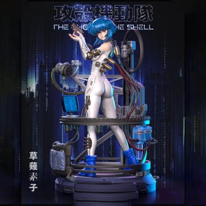 May include: A collectible figure of Motoko Kusanagi from Ghost in the Shell, featuring blue hair, a white bodysuit, and a handgun. The character stands on a mechanical platform with cables, a computer screen, and digital binary code background text.