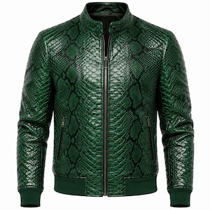 Emerald Green Snakeskin Leather Jacket, Glossy Biker Bomber Coat