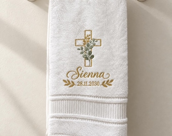 Toalla de bautismo personalizada con nombre, regalo de primera comunión, toalla de algodón turco bordada a medida, regalo de bautismo católico, recuerdo para bebé.