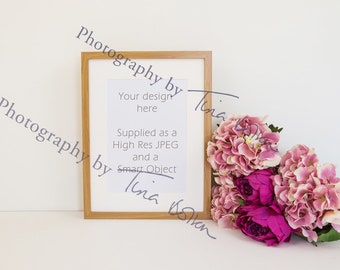 Download Free Oak wooden Frame with mount, portrait mock up, pink floral. Perfect mockup for prints A3 and A4 PSD Template