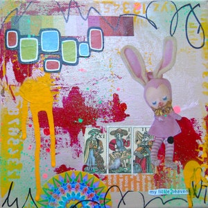 My Little Heaven - arte original pequena arte belas artes arte fofa colagem arte peculiar arte coelho brinquedo pintura