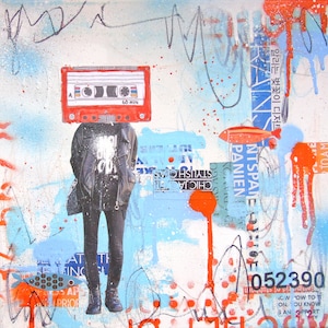 Deixe a fita continuar rolando, arte original, colagem, pintura, tela, fita cassete, azul e laranja, abstrata, arte pop, arte urbana