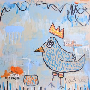 Bird Seed original art quirky art blue and orange graffiti contemporary painting canvas