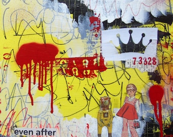 May include: Abstract mixed media artwork with a yellow background, red paint splatters, black and white scribbles, and a crown. The artwork also features a figure in a diving suit and a girl in a red and white dress. The text "even after" is visible in the lower left corner.
