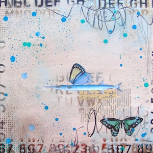 Where the River Goes- original art fine art collage art painting mixed media fish butterflies surrealism