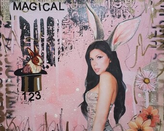 Magical Blaire White- original art collage art mixed media art rabbit playboy bunny painting small art