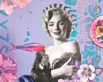 Purple Princess Marilyn pop art hommage collage technique mixte art mural peinture toile originale