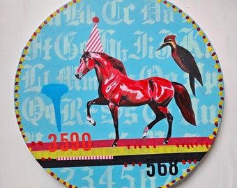 Cavallo rosso con picchio, collage originale a tecnica mista su tela / Arte folk pop contemporanea / Opera unica